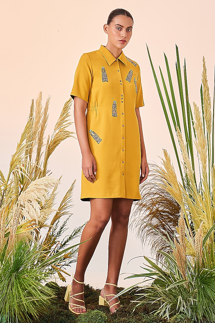 Yellow Embroidered Vacation Shirt Dress by Shahin Mannan at Pernia's Pop Up Shop