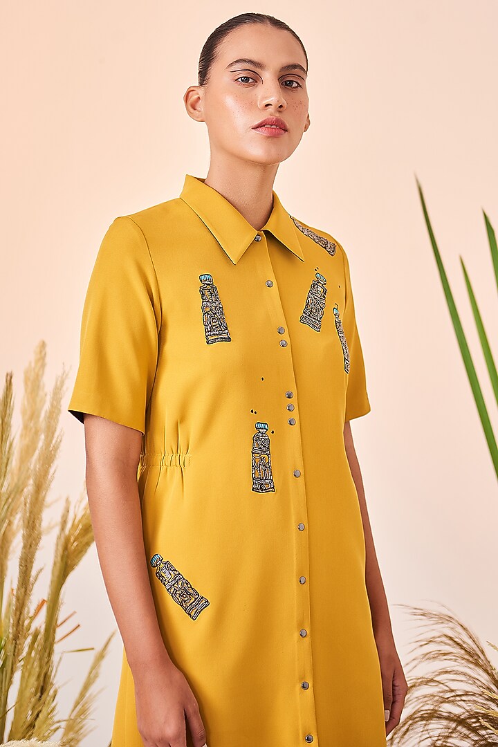 Yellow Embroidered Vacation Shirt Dress by Shahin Mannan at Pernia's Pop Up Shop
