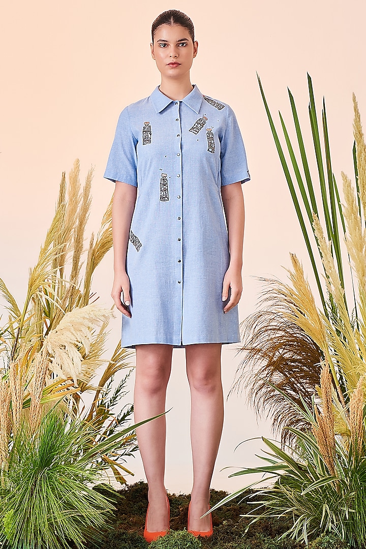 Light Blue Embroidered Shirt Dress by Shahin Mannan at Pernia's Pop Up Shop