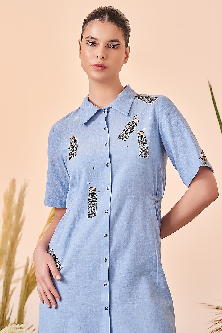 Light Blue Embroidered Vacation Shirt Dress by Shahin Mannan at Pernia's Pop Up Shop