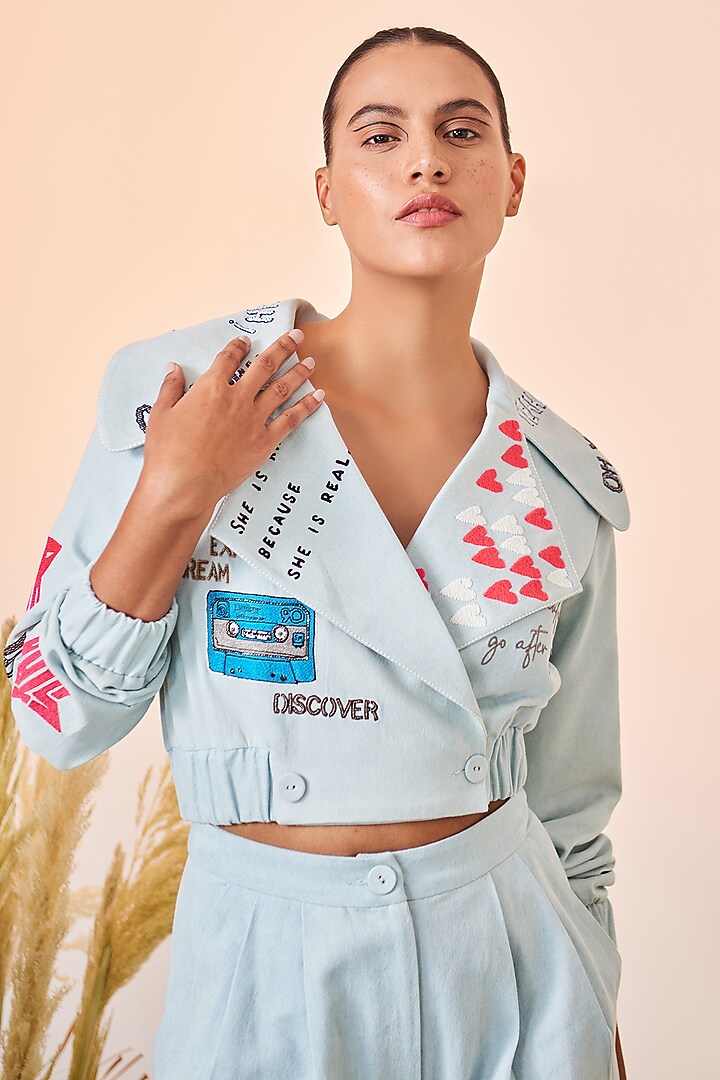 Ice Blue Embroidered Co-Ord Set by Shahin Mannan at Pernia's Pop Up Shop