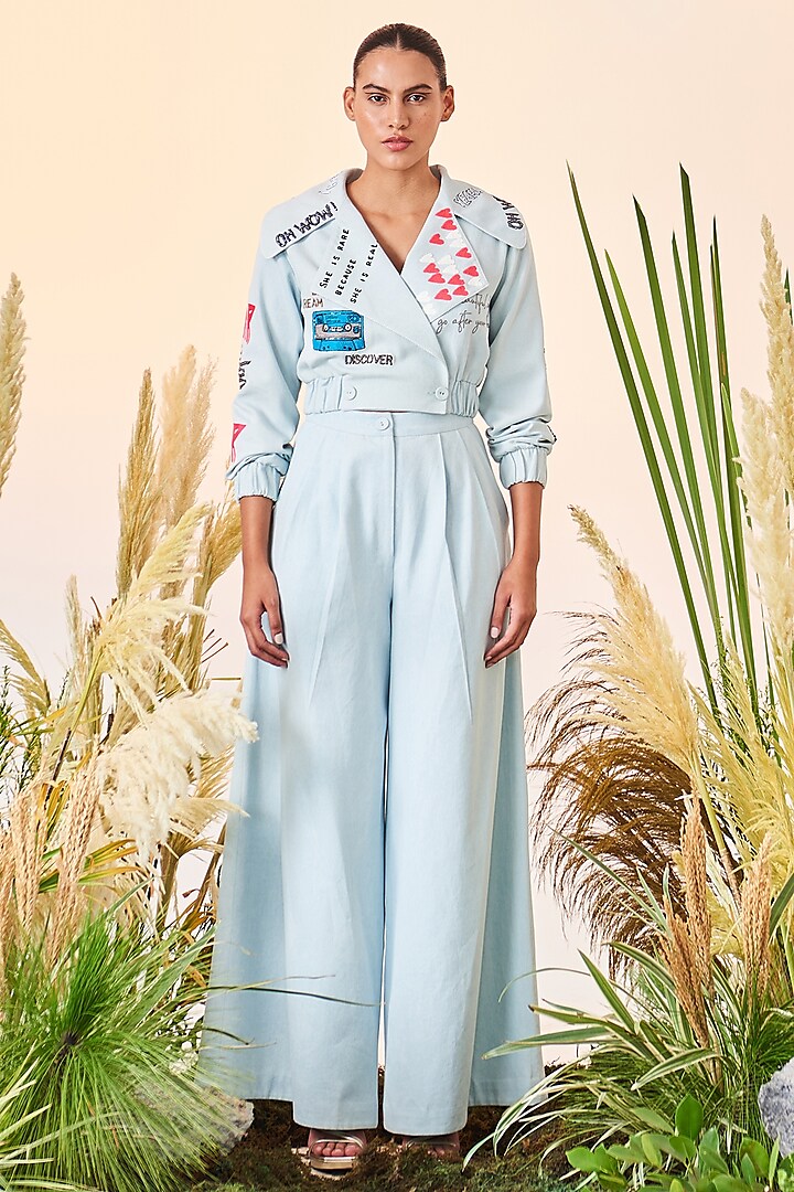 Ice Blue Embroidered Overlapped Jacket by Shahin Mannan