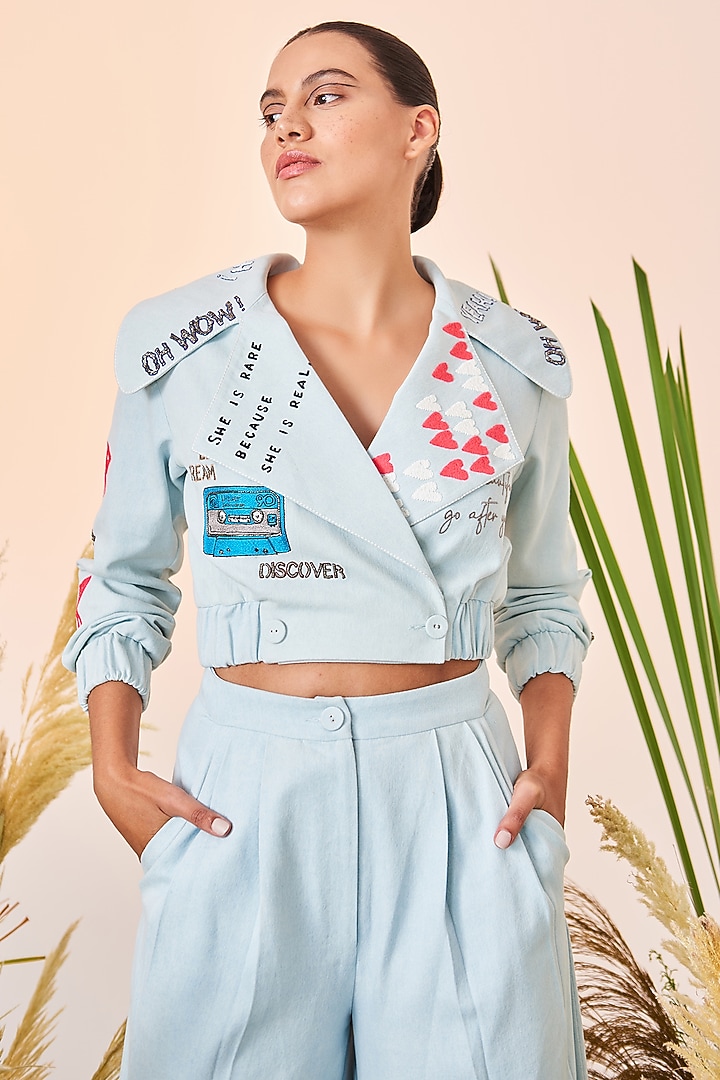 Ice Blue Embroidered Overlapped Jacket by Shahin Mannan at Pernia's Pop Up Shop