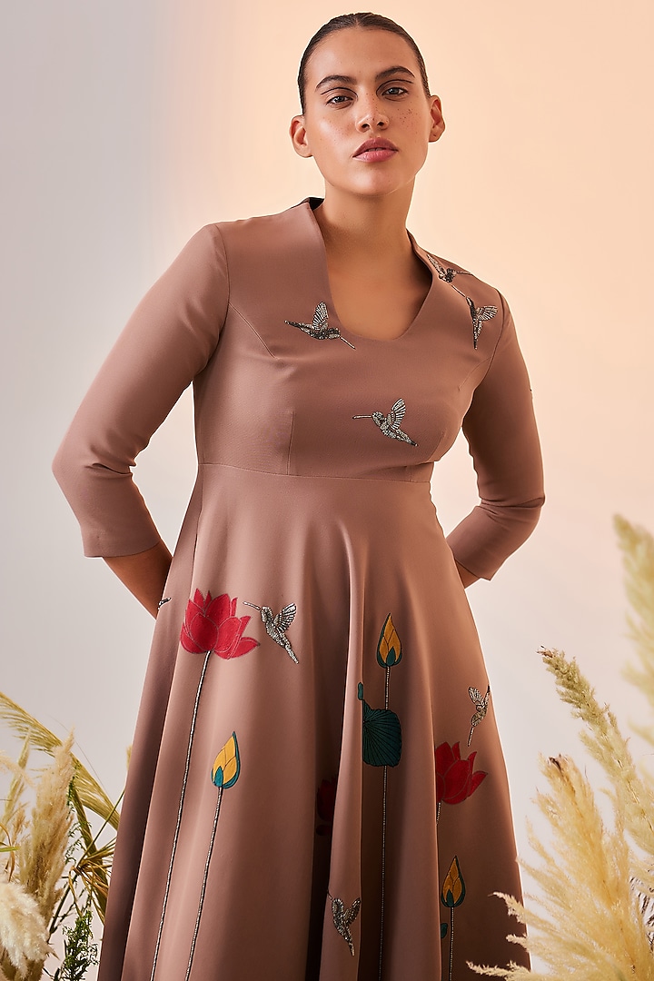 Mushroom Colored Embroidered Circular Cocktail Dress by Shahin Mannan at Pernia's Pop Up Shop