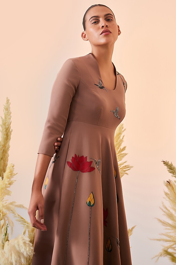 Mushroom Colored Embroidered Circular Cocktail Dress by Shahin Mannan at Pernia's Pop Up Shop