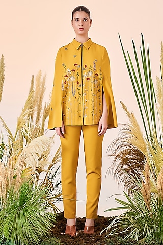 Yellow Embroidered Cape Set by Shahin Mannan