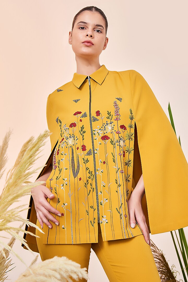 Yellow Embroidered Cape by Shahin Mannan at Pernia's Pop Up Shop