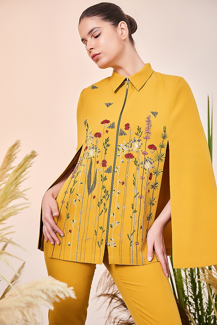 Yellow Embroidered Cape by Shahin Mannan at Pernia's Pop Up Shop