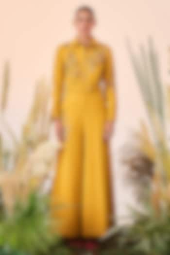 Yellow Hand Embroidered Jumpsuit by Shahin Mannan