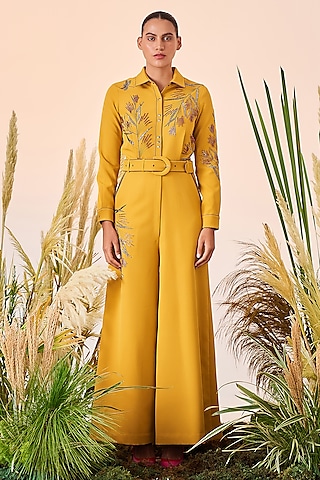 Yellow Hand Embroidered Jumpsuit by Shahin Mannan
