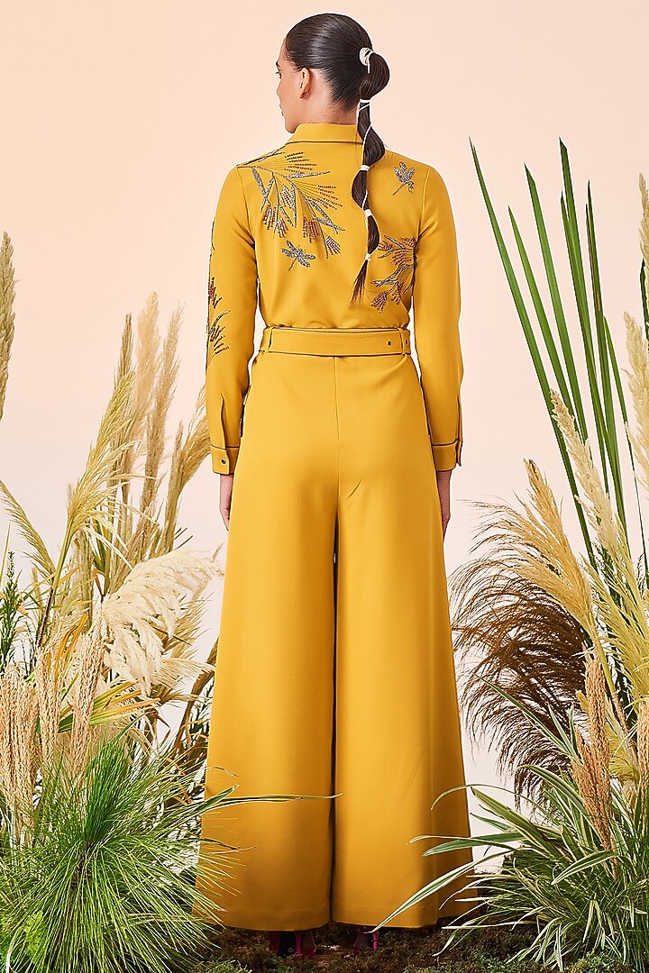Yellow Hand Embroidered Jumpsuit by Shahin Mannan at Pernia's Pop Up Shop