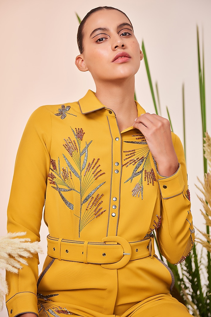 Yellow Hand Embroidered Jumpsuit by Shahin Mannan at Pernia's Pop Up Shop