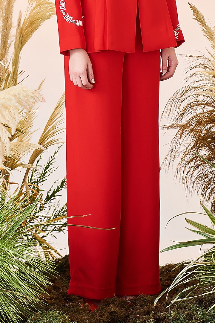 Red Satin Crepe Straight Pants by Shahin Mannan at Pernia's Pop Up Shop