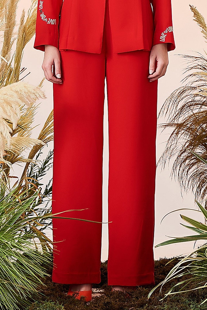 Red Satin Crepe Straight Pants by Shahin Mannan at Pernia's Pop Up Shop