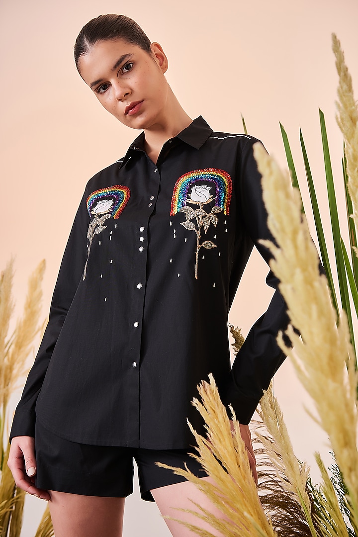 Black High-Low Embroidered Shirt by Shahin Mannan at Pernia's Pop Up Shop
