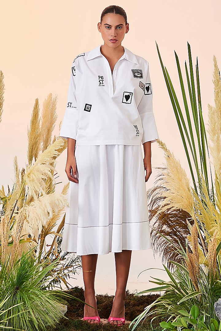 White Striped Cotton Circular Skirt Set by Shahin Mannan