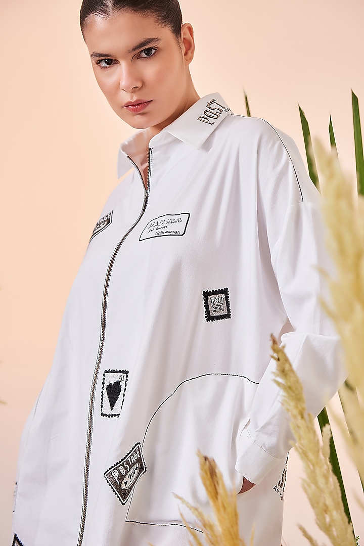White Embroidered Oversized Shirt by Shahin Mannan at Pernia's Pop Up Shop