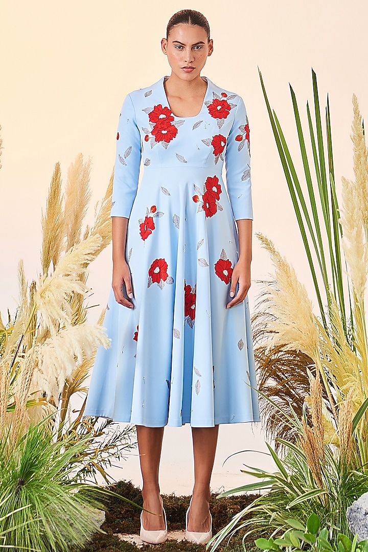 Light Blue Embroidered Midi Cocktail Dress by Shahin Mannan at Pernia's Pop Up Shop