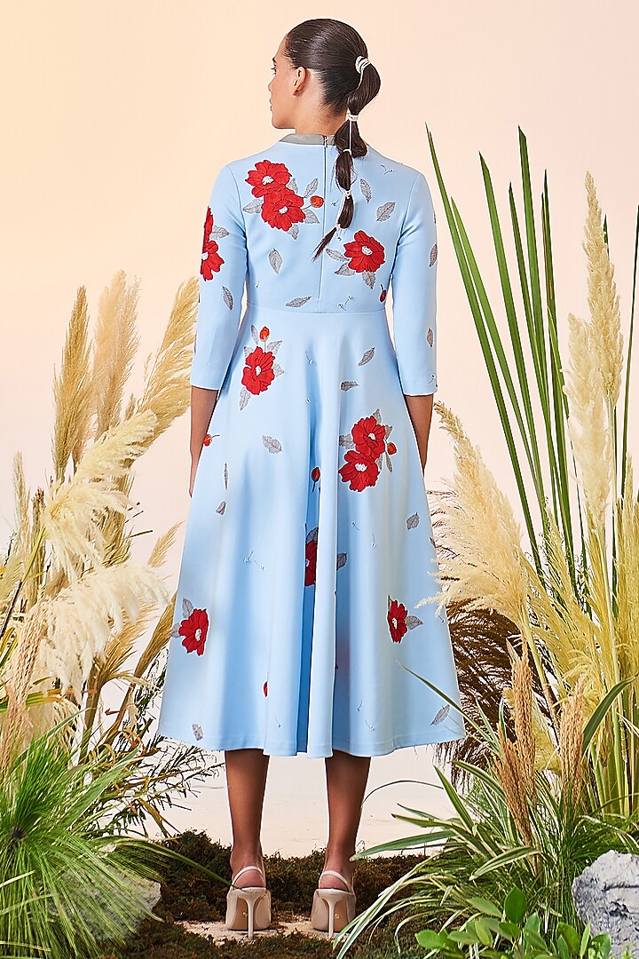 Light Blue Embroidered Midi Cocktail Dress by Shahin Mannan at Pernia's Pop Up Shop