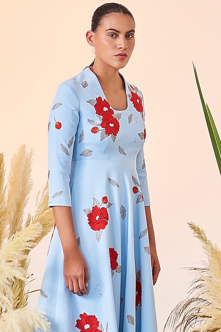 Light Blue Embroidered Midi Cocktail Dress by Shahin Mannan at Pernia's Pop Up Shop