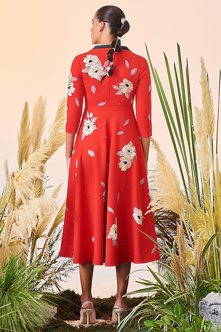 Red Embroidered Midi Cocktail Dress by Shahin Mannan at Pernia's Pop Up Shop