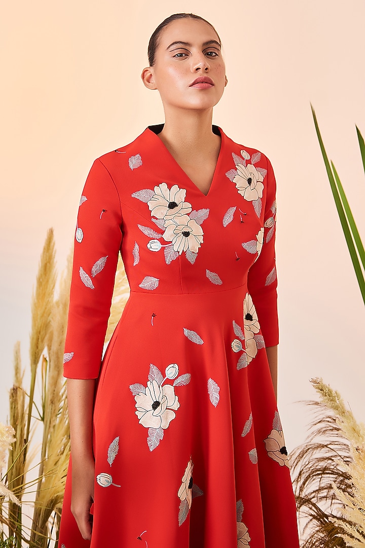 Red Embroidered Midi Cocktail Dress by Shahin Mannan at Pernia's Pop Up Shop