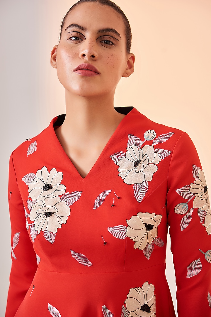 Red Embroidered Midi Cocktail Dress by Shahin Mannan at Pernia's Pop Up Shop