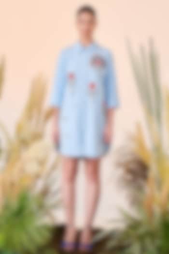 Light Blue Embroidered Vacation Shirt Dress by Shahin Mannan at Pernia's Pop Up Shop