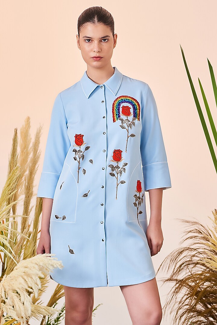 Light Blue Embroidered Vacation Shirt Dress by Shahin Mannan at Pernia's Pop Up Shop
