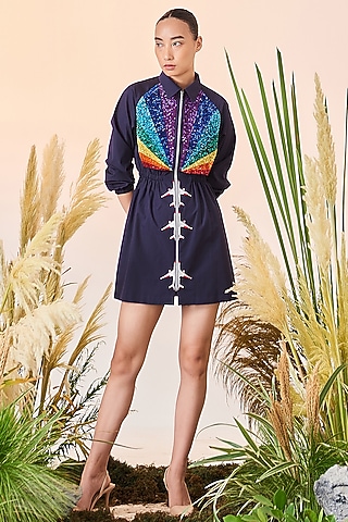 Navy Blue Embroidered Mini Jacket Dress by Shahin Mannan