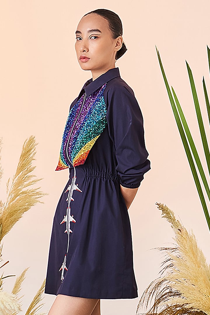 Navy Blue Embroidered Mini Jacket Vacation Dress by Shahin Mannan at Pernia's Pop Up Shop