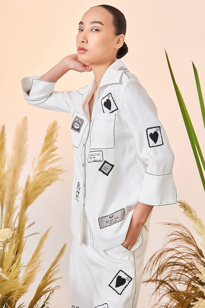 White Satin Embroidered Shirt by Shahin Mannan at Pernia's Pop Up Shop