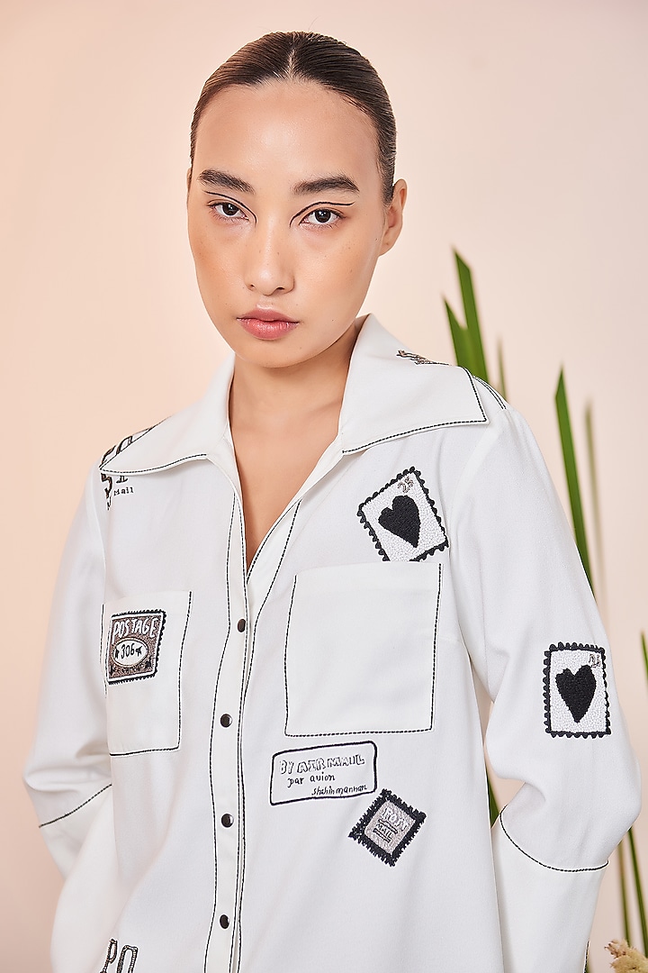 White Satin Embroidered Shirt by Shahin Mannan at Pernia's Pop Up Shop