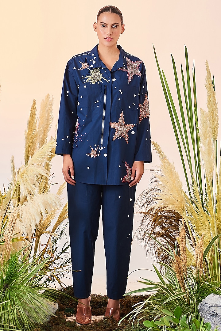 Navy Blue Oversized Embroidered Shirt by Shahin Mannan