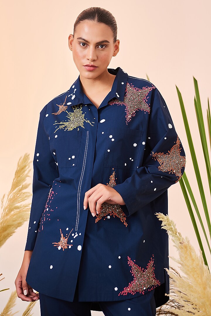 Navy Blue Oversized Embroidered Shirt by Shahin Mannan at Pernia's Pop Up Shop