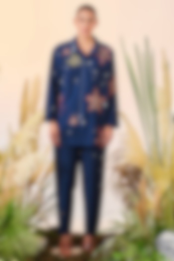 Navy Blue Embroidered Pants by Shahin Mannan at Pernia's Pop Up Shop