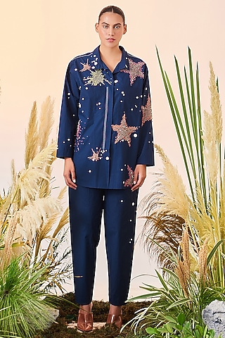 Navy Blue Embroidered Pants by Shahin Mannan