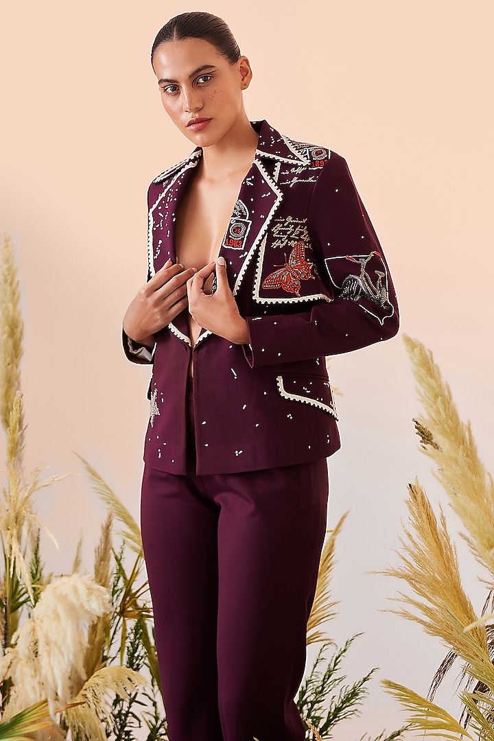 Wine Embroidered Trench Blazer Set by Shahin Mannan at Pernia's Pop Up Shop