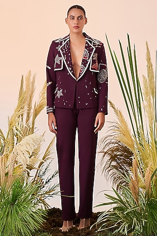 Wine Double Crepe Pants by Shahin Mannan