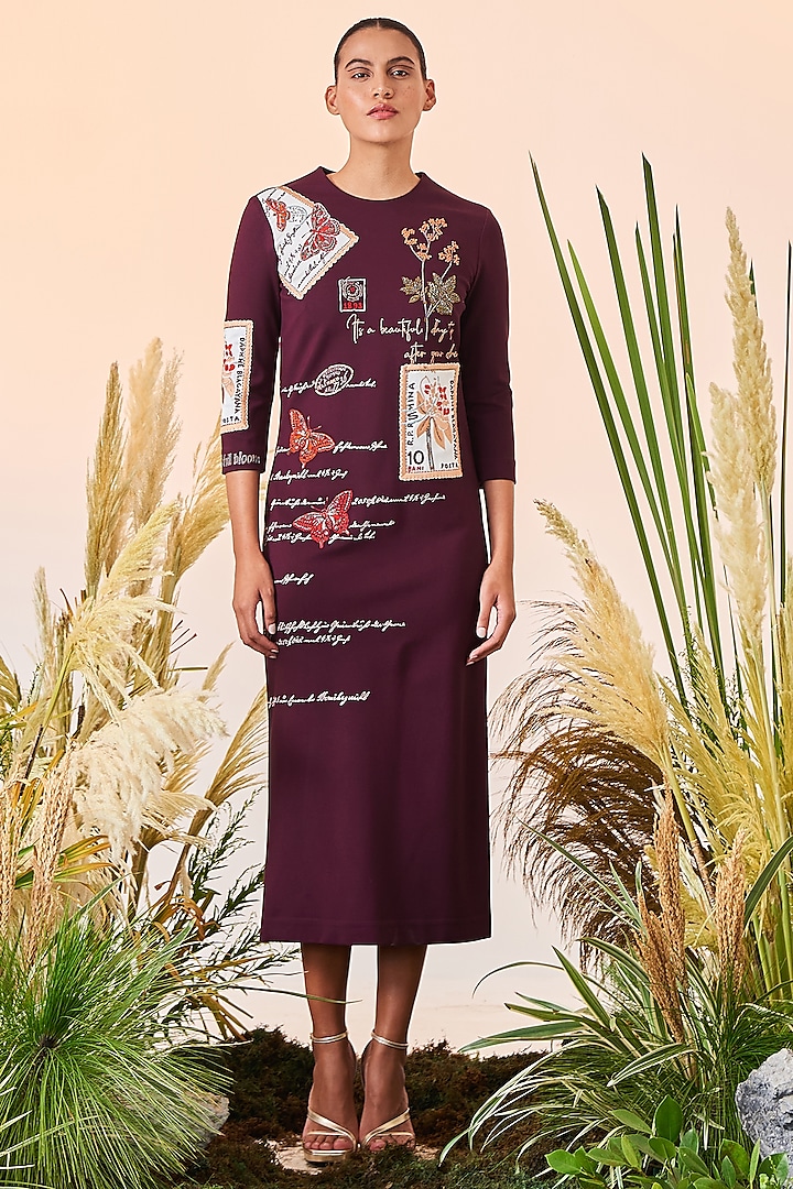 Wine Embroidered Midi Dress by Shahin Mannan
