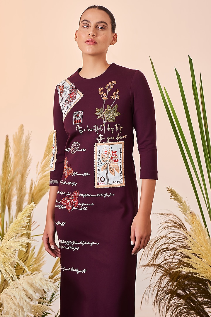 Wine Embroidered Midi Cocktail Dress by Shahin Mannan at Pernia's Pop Up Shop