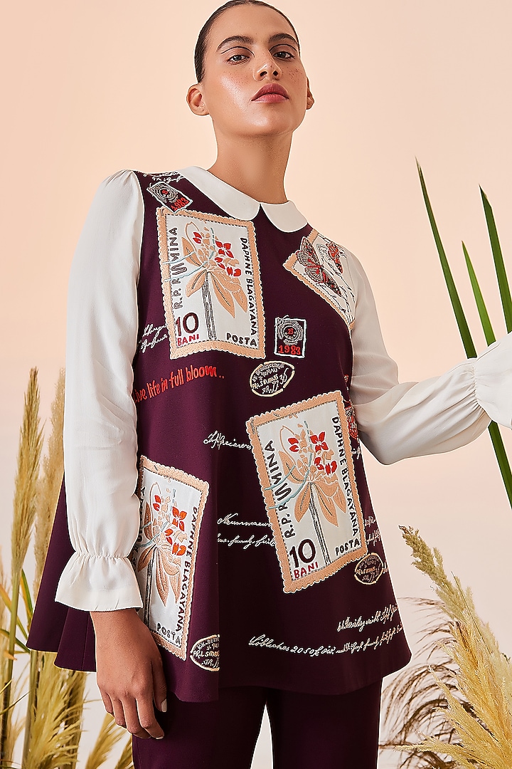 Wine Embroidered Flared Top by Shahin Mannan at Pernia's Pop Up Shop