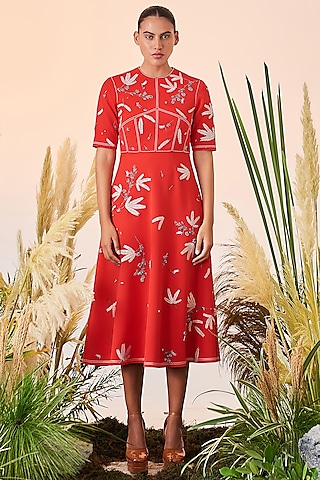 Red Embroidered Corset Midi Dress by Shahin Mannan