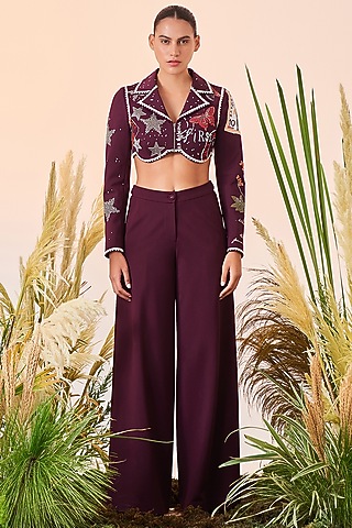 Wine Embroidered Blazer Set by Shahin Mannan