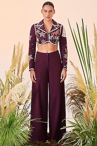Wine Embroidered Blazer by Shahin Mannan
