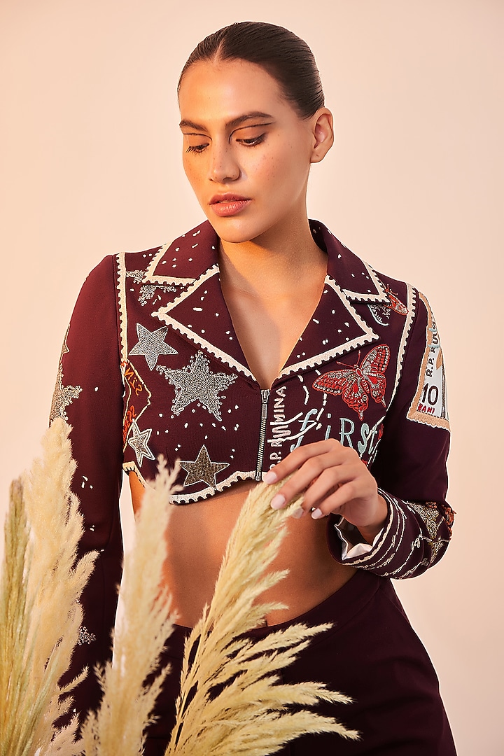 Wine Embroidered Blazer by Shahin Mannan at Pernia's Pop Up Shop