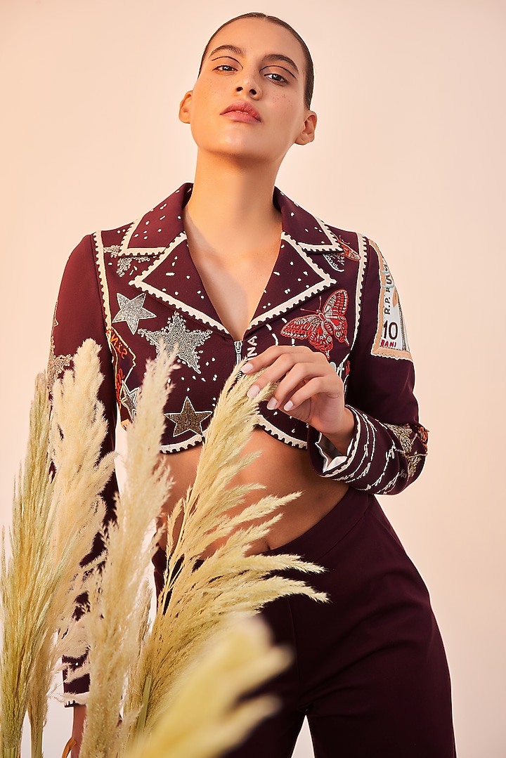 Wine Embroidered Blazer by Shahin Mannan at Pernia's Pop Up Shop