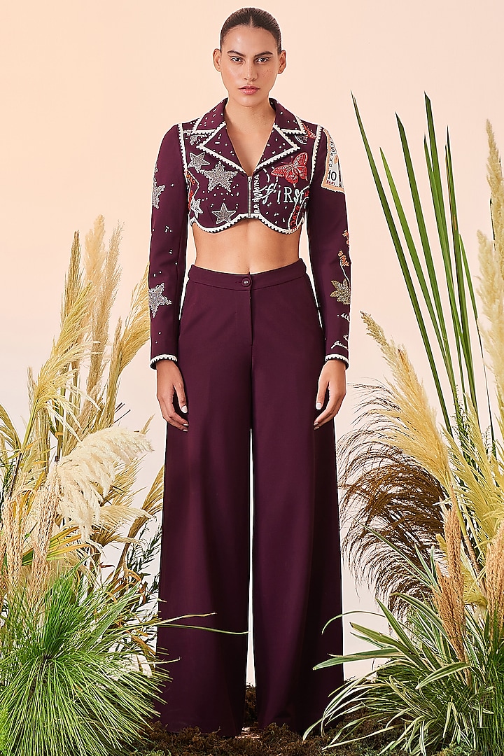 Wine Double Crepe Flared Pants by Shahin Mannan
