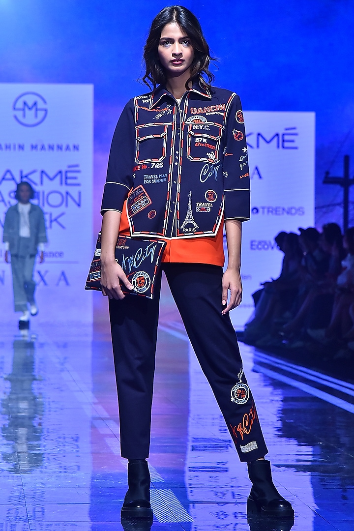 Navy Blue Double Layered Embroidered Shirt by Shahin Mannan