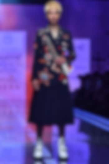 Navy Blue Overlapped Coat With Embroidery by Shahin Mannan